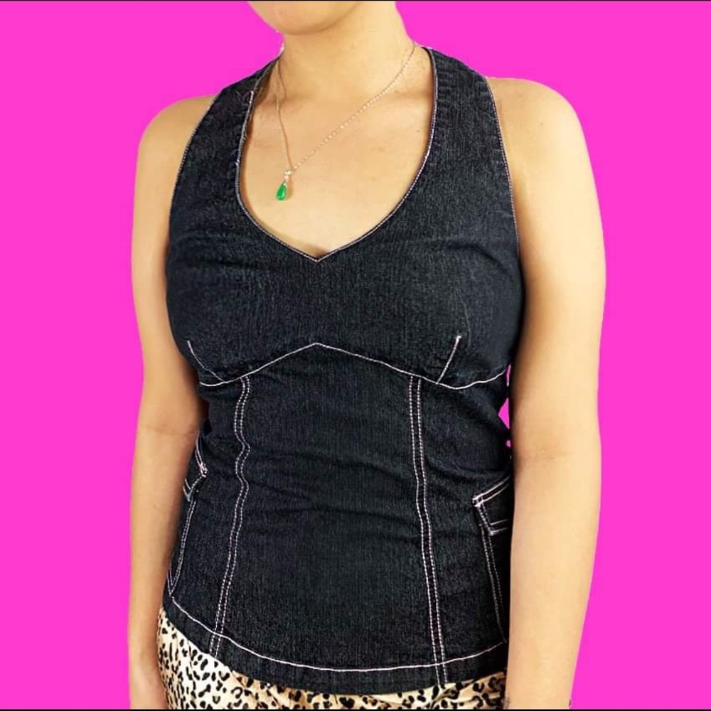 DARK DENIM HALTER TOP PINK CONTRAST STITCHING